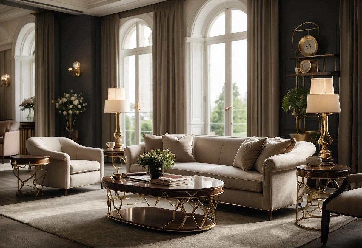 An elegant living room with Italian furniture, featuring sleek lines, luxurious fabrics, and sophisticated details. Rich wood finishes and plush upholstery create a timeless and refined atmosphere