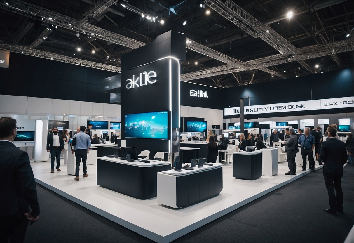 A bustling trade show floor with sleek, modern furniture displays. Visitors engage with industry professionals, while futuristic designs catch their eyes