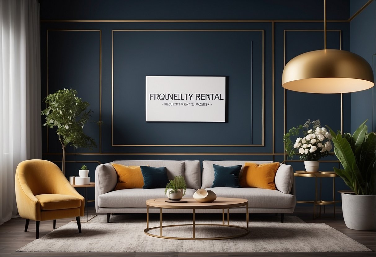 A room with various furniture pieces arranged in a modern and stylish manner, with a sign or banner that reads "Frequently Asked Questions furniture rental packages" prominently displayed