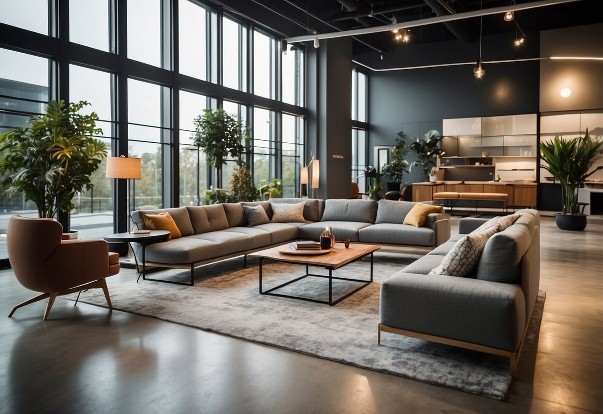 A modern furniture showroom with sleek designs and innovative technology. Trendy materials and sustainable practices are highlighted, showcasing the industry's future prospects
