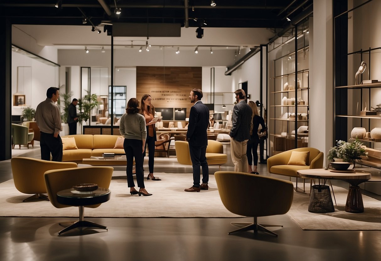 A group of people browsing through a showroom of modern Italian furniture, with various pieces on display and a sign that reads "Frequently Asked Questions Italian Furniture Companies"