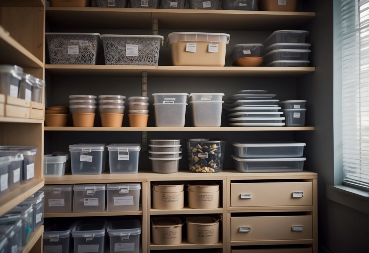 A cluttered room with neatly organized shelves, drawers, and cabinets. Boxes and containers neatly stacked to maximize space. Labels and dividers help keep everything in its place