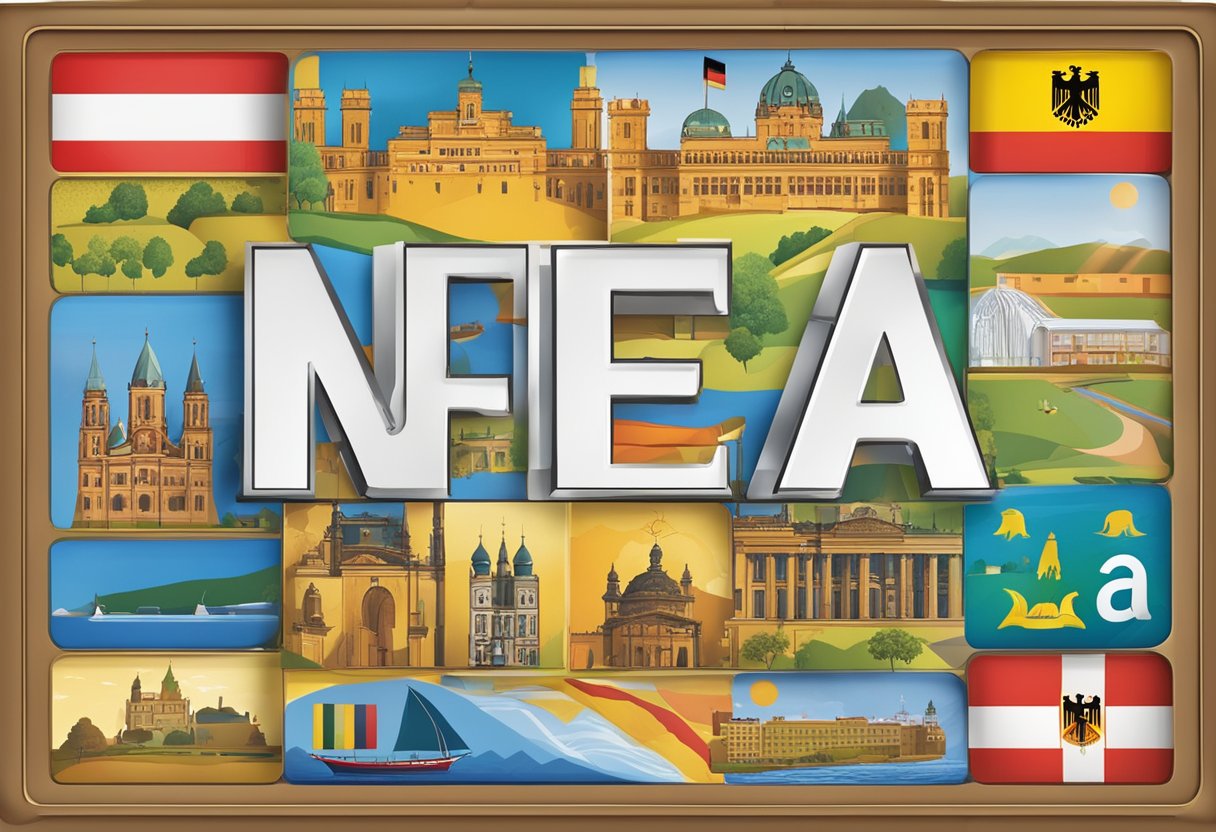 A sign with the abbreviation "NEA" and the name of a German state, surrounded by regional symbols and colors