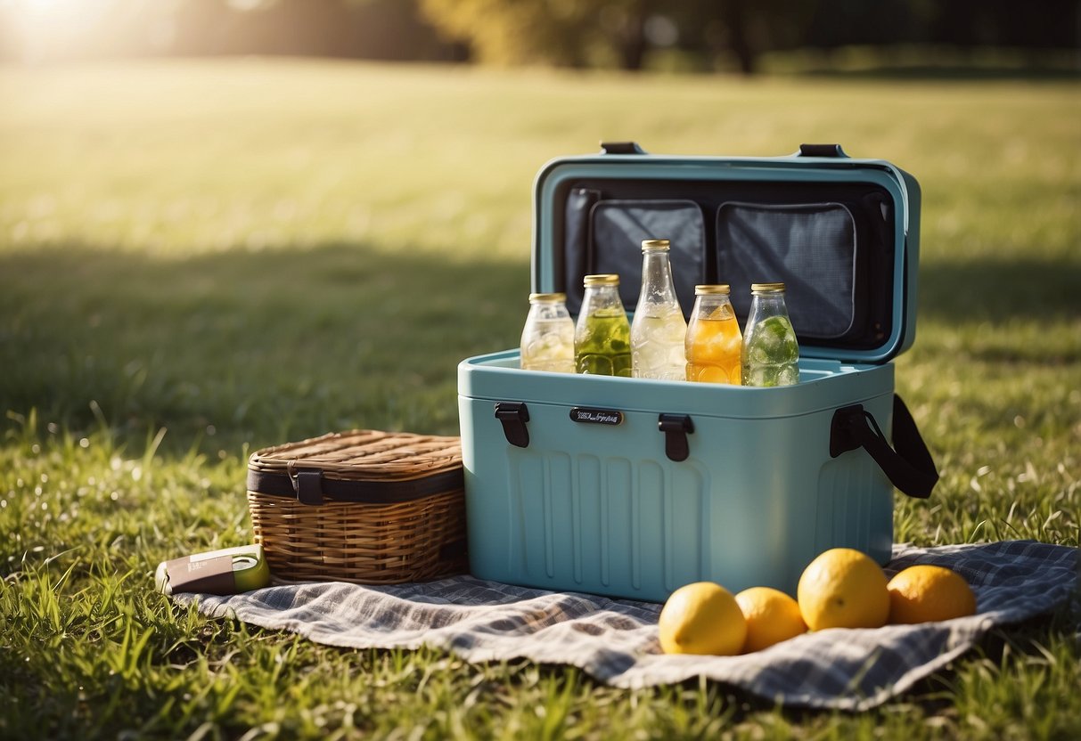 A picnic cooler sits on a grassy field, surrounded by refreshing drinks. The sun shines down as the cooler keeps the drinks cold for a long time