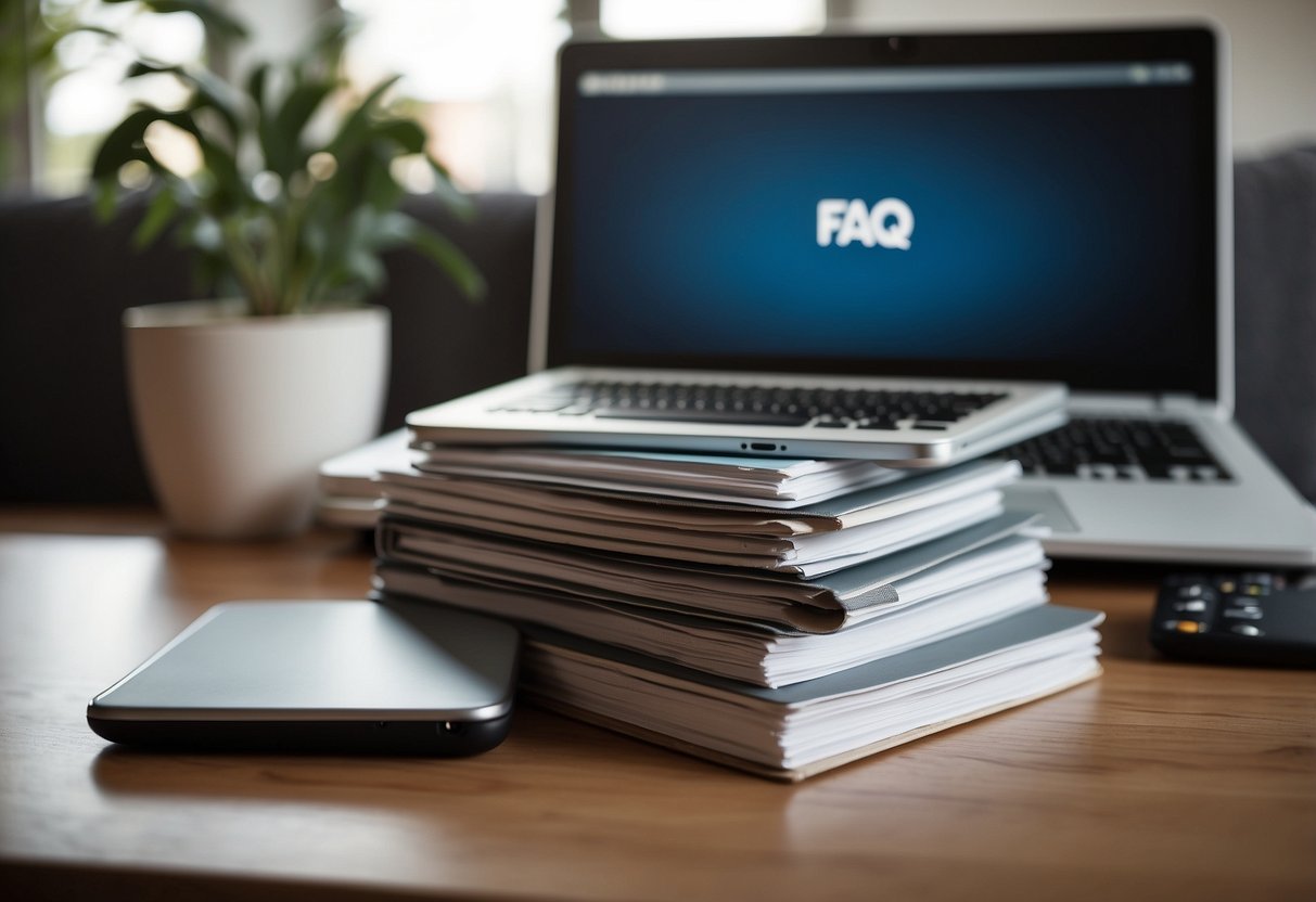 A stack of FAQ sheets next to modern furniture pieces, with a laptop and customer service phone nearby