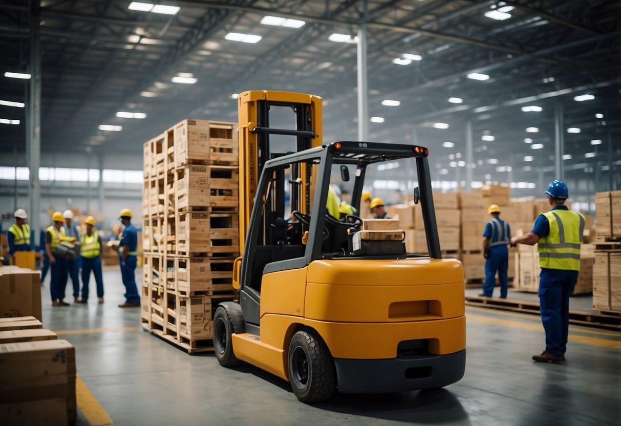 A large cargo plane being loaded with furniture crates by workers from various countries. Forklifts and trucks are moving around the tarmac, while workers communicate in different languages