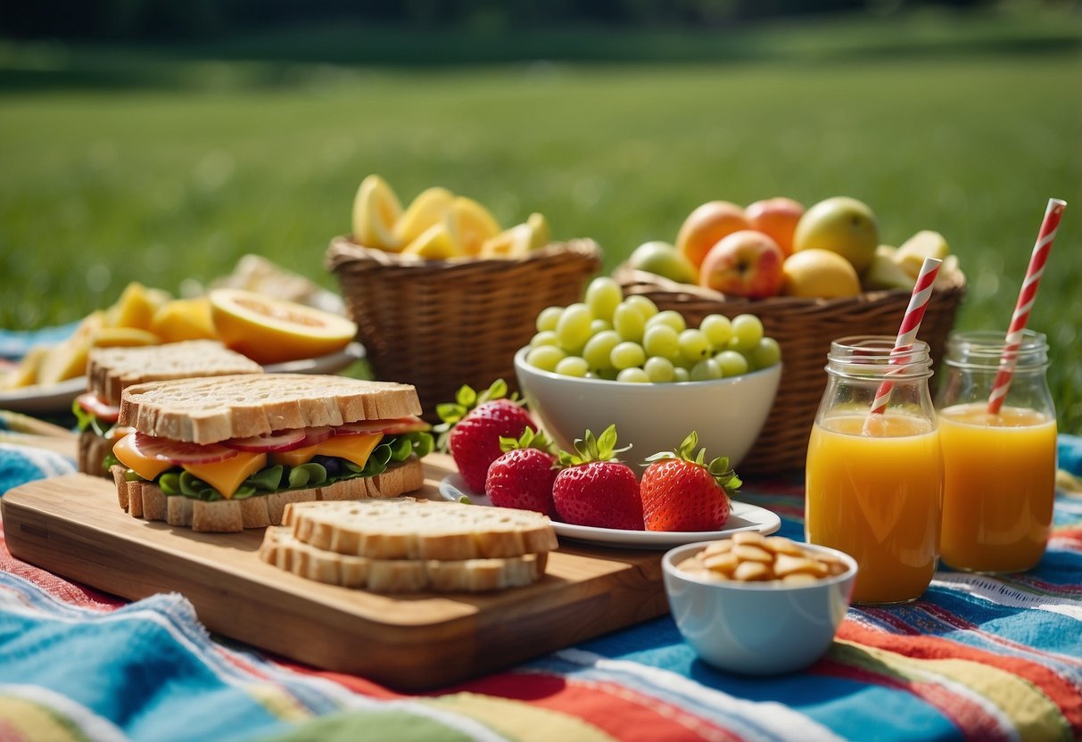 A colorful picnic blanket spread with a variety of kid-friendly snacks like sandwiches, fruit, cheese, crackers, and juice boxes, set against a backdrop of green grass and blue sky