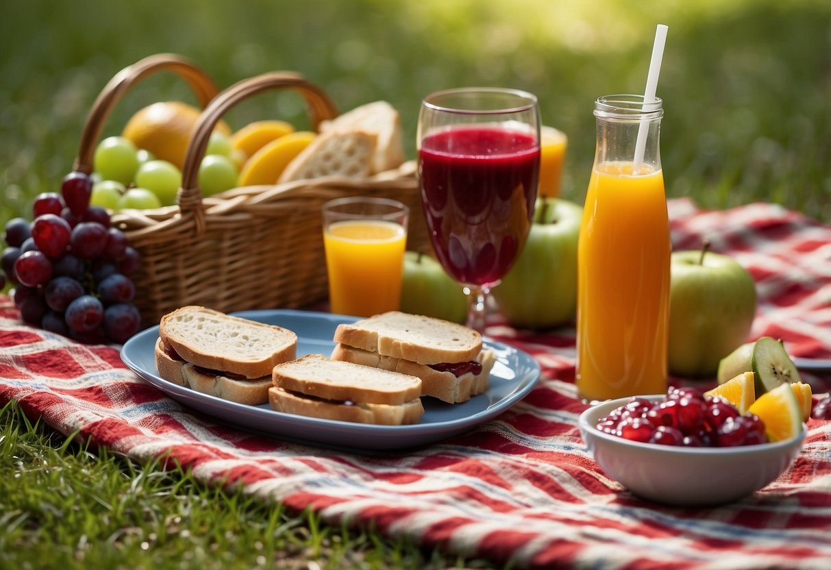 A colorful picnic blanket with mini PB&J sandwiches, fruit, and juice boxes spread out. Sunshine and green grass in the background