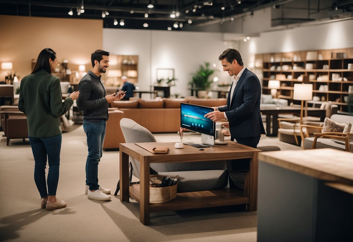 A customer browsing through furniture displays in a well-lit showroom with friendly staff assisting