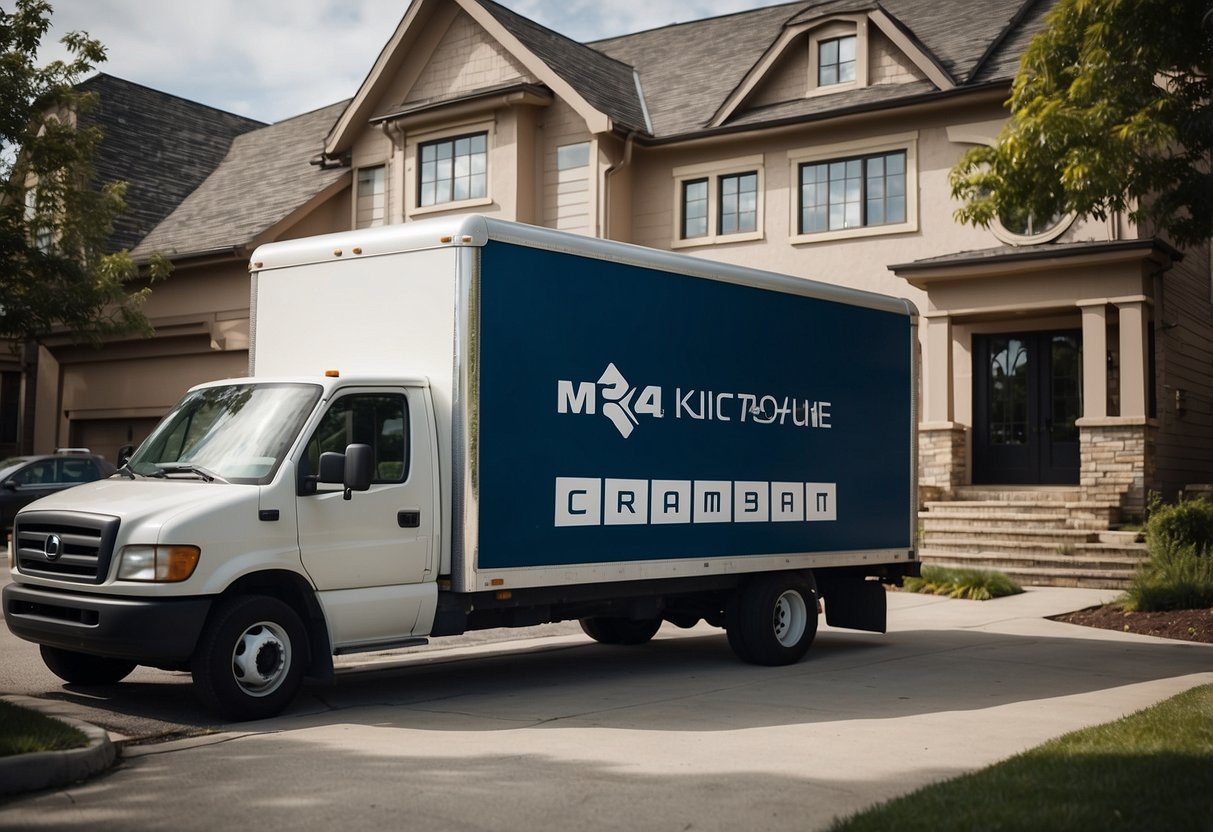 A moving truck parked outside a modern house, with workers loading furniture into the back. The company logo is visible on the side of the truck