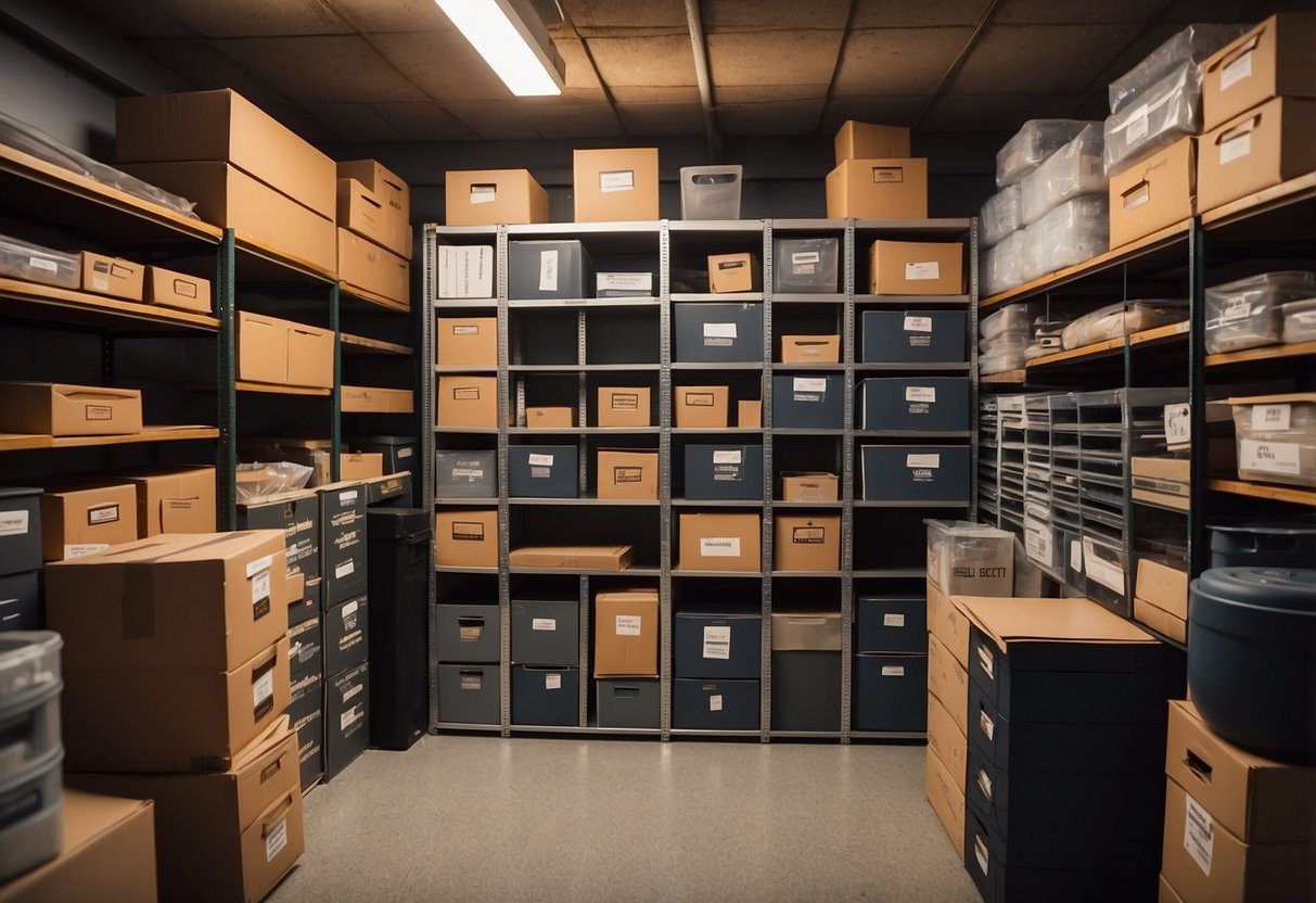 Various furniture items neatly arranged in a storage unit, with labels and signs indicating "Frequently Asked Questions" about self storage