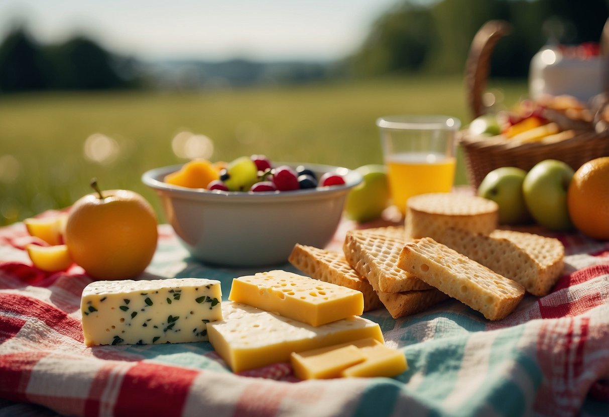 A colorful picnic blanket with a spread of cheese cubes, crackers, and fruit. A sunny day with a playful, carefree atmosphere