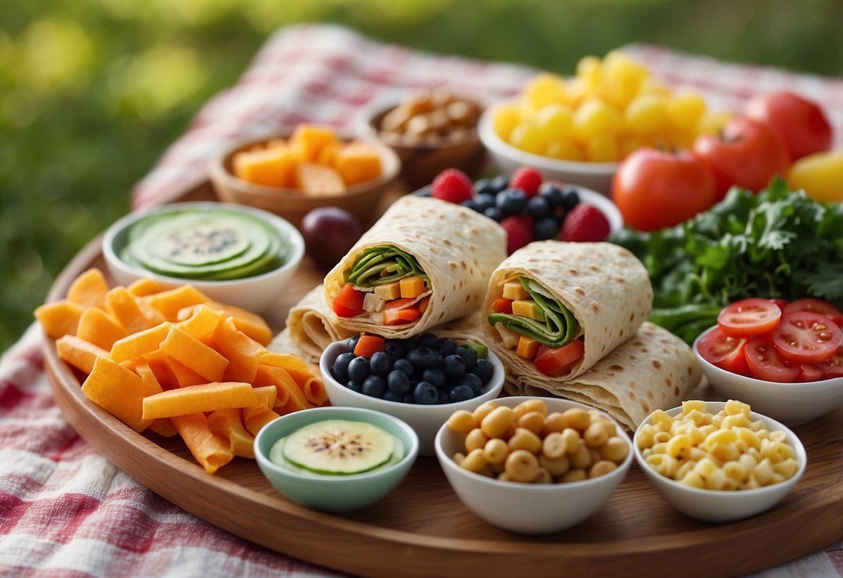 A colorful picnic blanket with a variety of mini veggie wraps arranged neatly on a platter, surrounded by other kid-friendly snacks