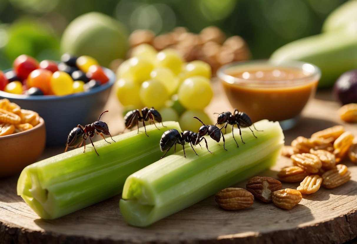 Ants crawling on a celery stick topped with peanut butter and raisins, surrounded by other colorful kid-friendly picnic snacks