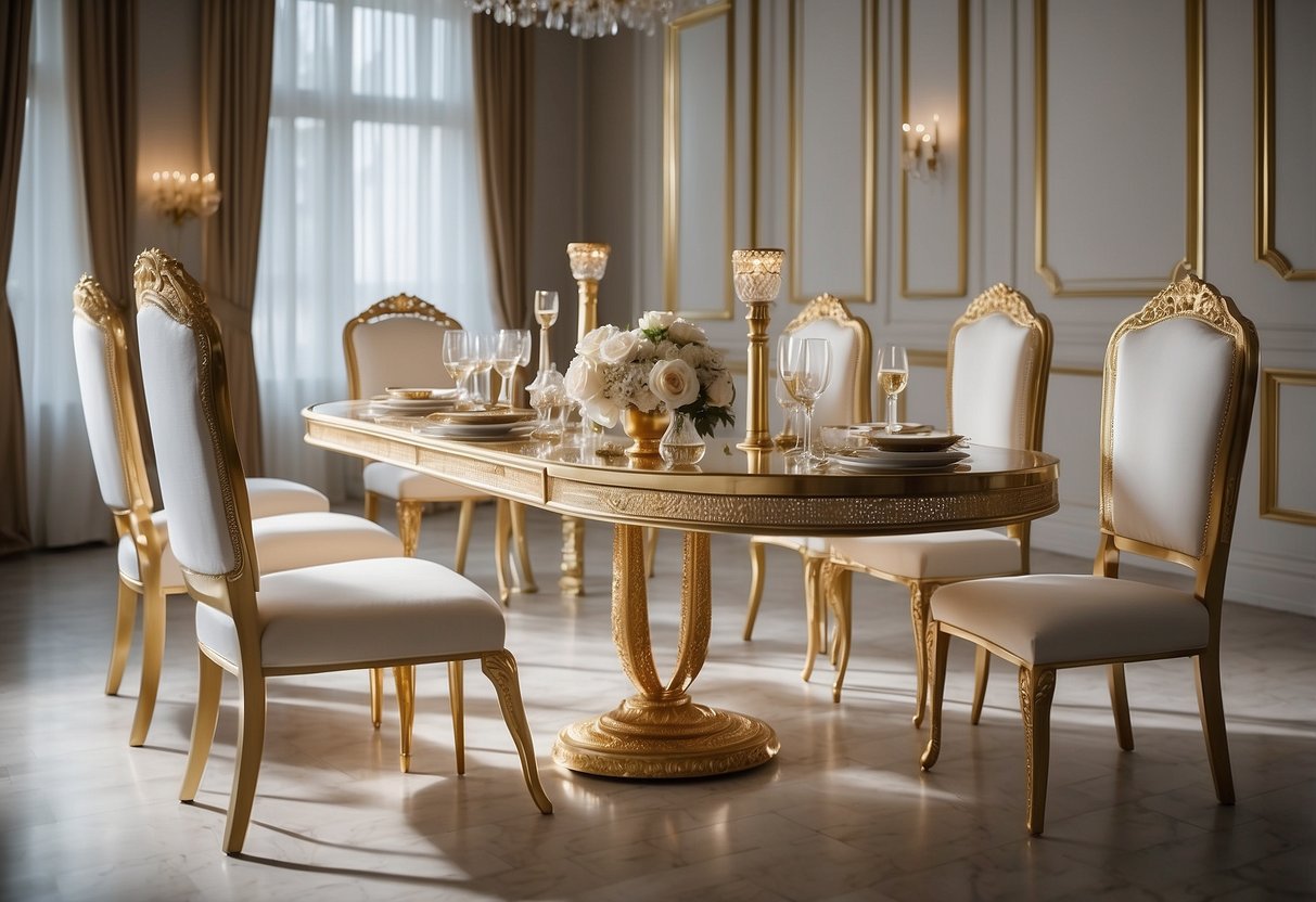 A luxurious room with white gold furniture. Shimmering tables and chairs, elegant and opulent decor