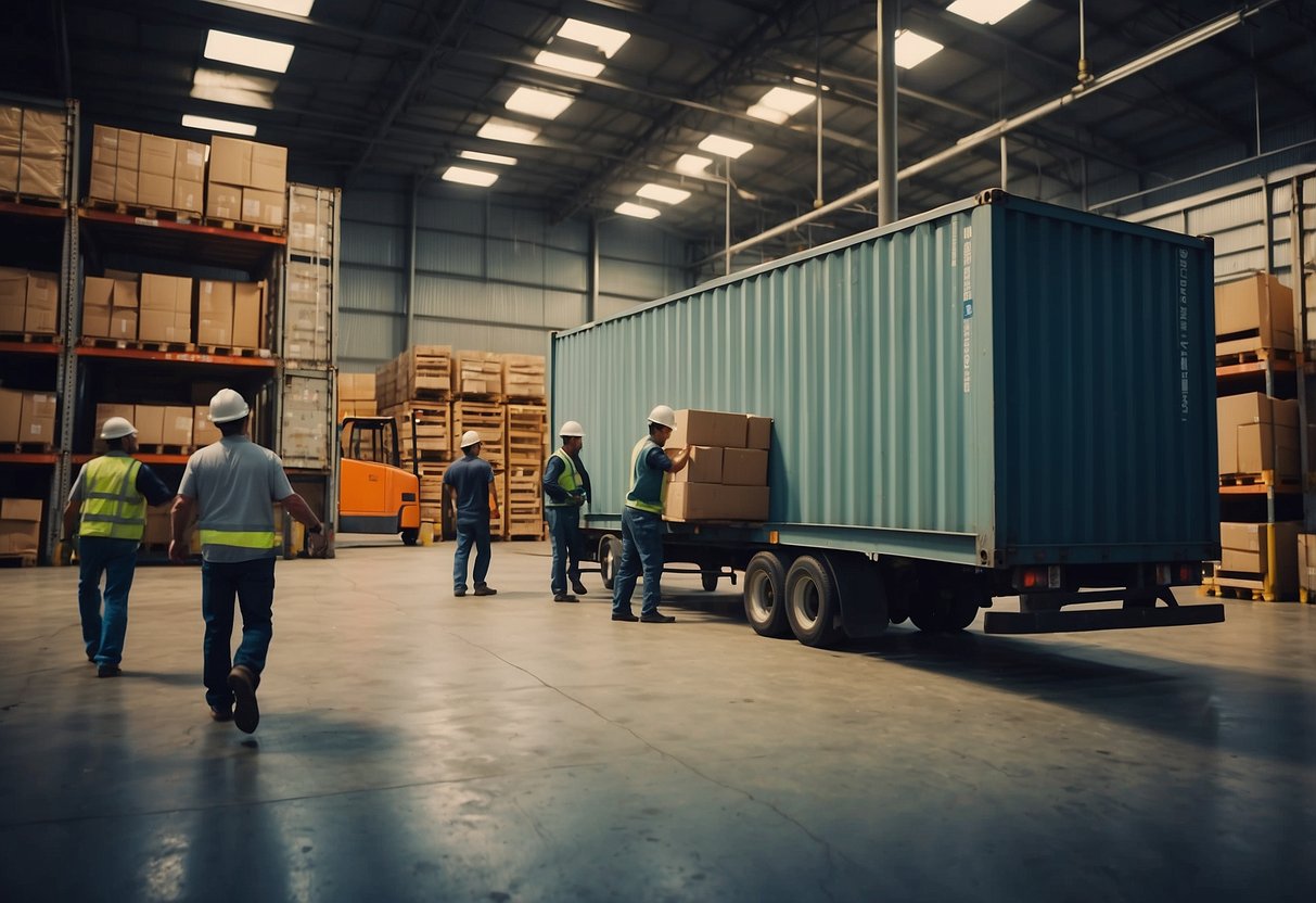 Furniture being loaded into a large shipping container by workers. Trucks and forklifts moving around the warehouse
