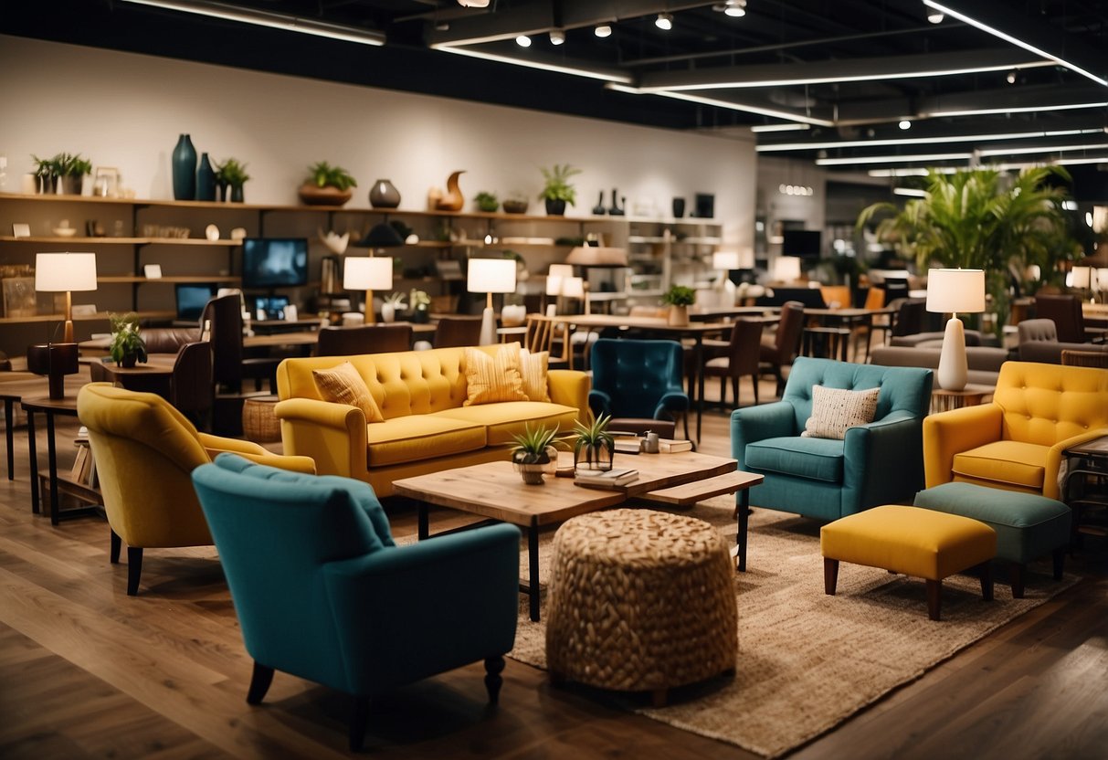 A busy furniture store with customers browsing and staff assisting. Displayed items include chairs, tables, and cabinets. Bright lighting and colorful decor