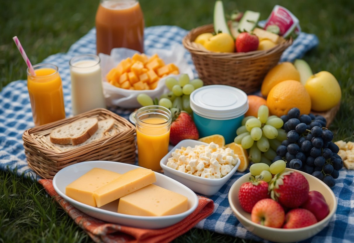 A colorful picnic blanket spread out on the grass, with a variety of kid-friendly snacks arranged neatly in individual containers. A small pile of Cheddar Bunnies sits in the center, surrounded by fruit, sandwiches, and juice boxes