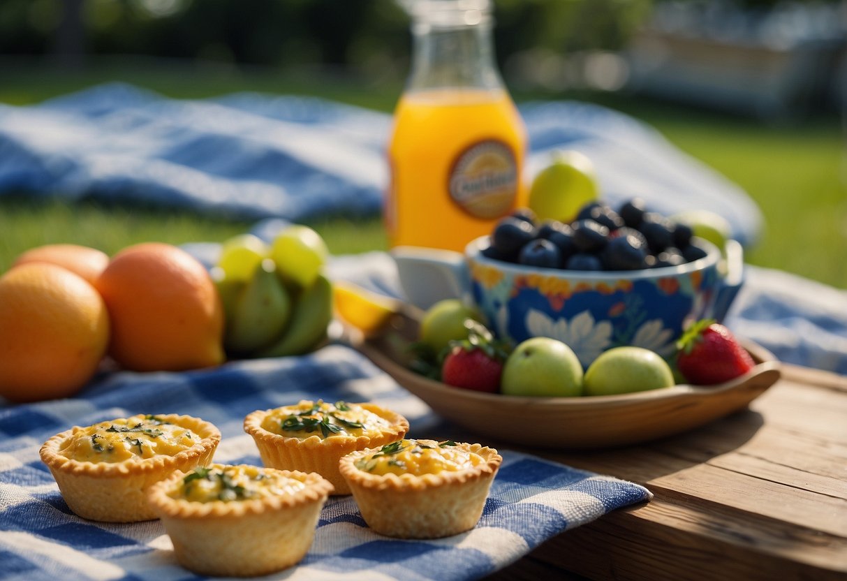 A picnic blanket spread with mini quiches, fruit, and juice boxes. Children playing in the background