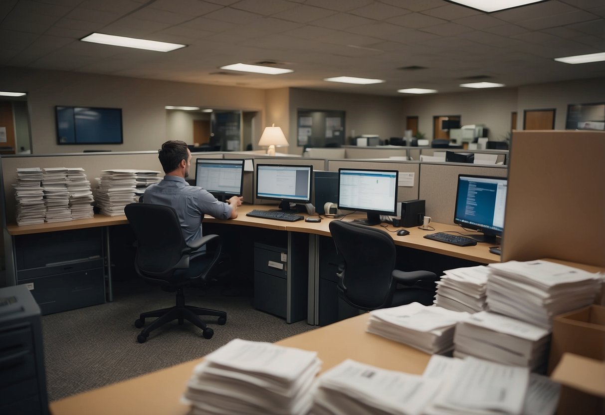 A bustling office with people on the phone and typing at computers, surrounded by stacks of paperwork and moving company brochures
