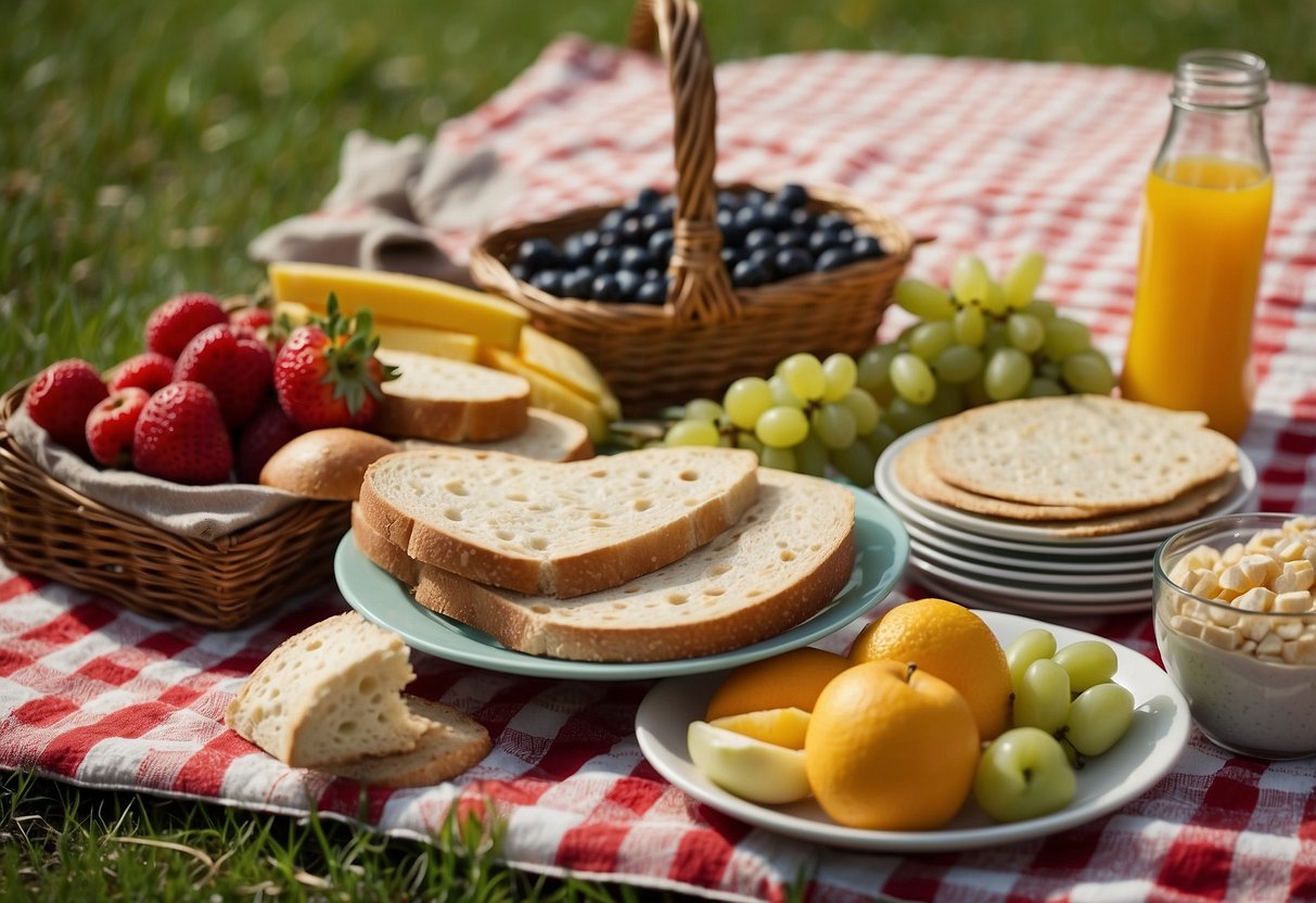 A checkered picnic blanket spread on green grass, surrounded by a wicker basket, reusable plates, and a thermos. A budget-friendly spread of sandwiches, fruit, and snacks laid out for a relaxing outdoor meal