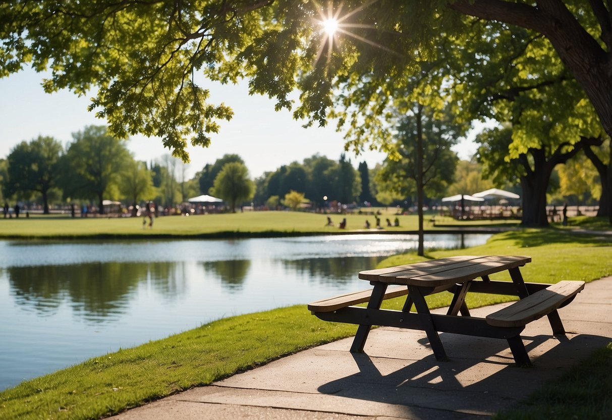 A sunny park with a grassy field, shaded picnic tables, and a nearby playground. A small lake or river runs through the area, with ducks swimming and children playing