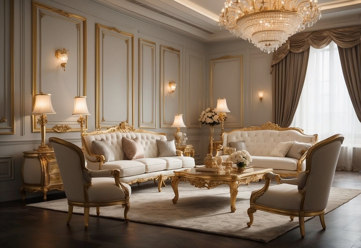 A room filled with white gold furniture, gleaming under soft lighting, casting a luxurious and elegant ambiance