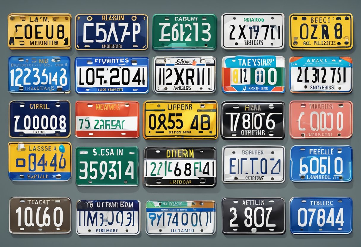 A row of colorful license plates arranged in a systematic order, with clear markings and labels