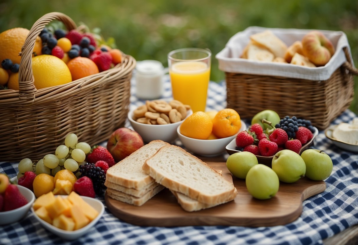 A table set with various snacks, fruits, and sandwiches. A picnic basket packed with utensils and napkins. A checklist of budget-friendly picnic tips