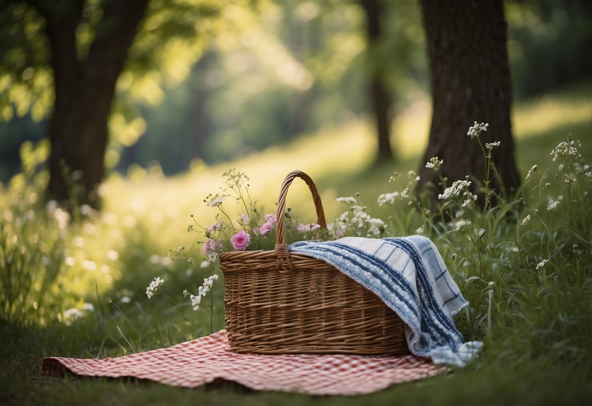 A serene meadow with a babbling brook, shaded by tall trees. A checkered blanket is spread out, surrounded by wildflowers and a wicker picnic basket