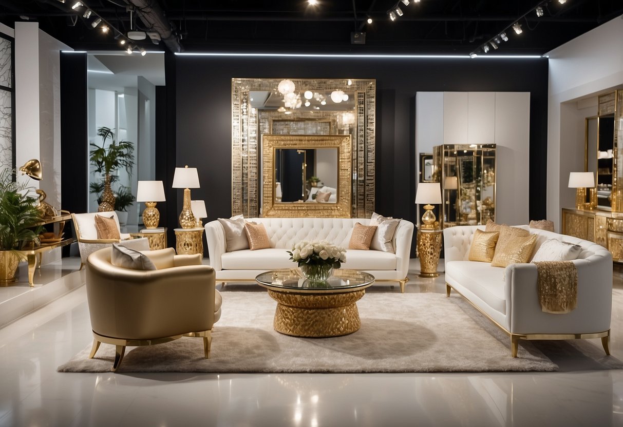 A showroom filled with white gold furniture, adorned with "Special Offers" signs. Shoppers browse through the elegant displays, admiring the luxurious pieces