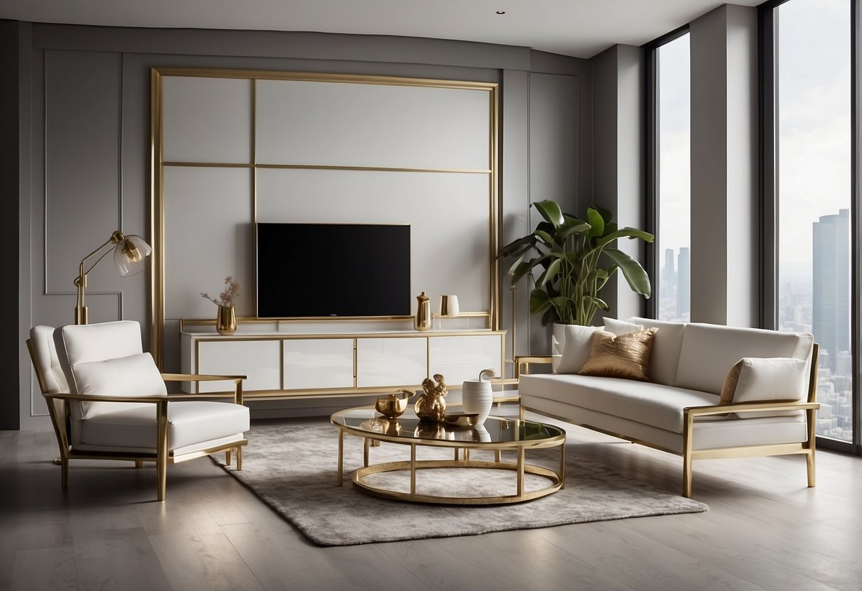 A sleek, modern white gold furniture set arranged in a spacious, well-lit room with minimalist decor
