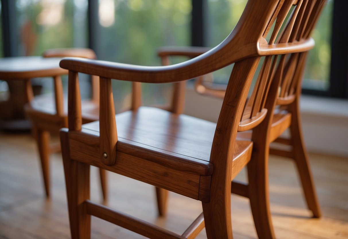 A worn teak chair is sanded and refinished with a glossy coat, surrounded by tools and wood shavings
