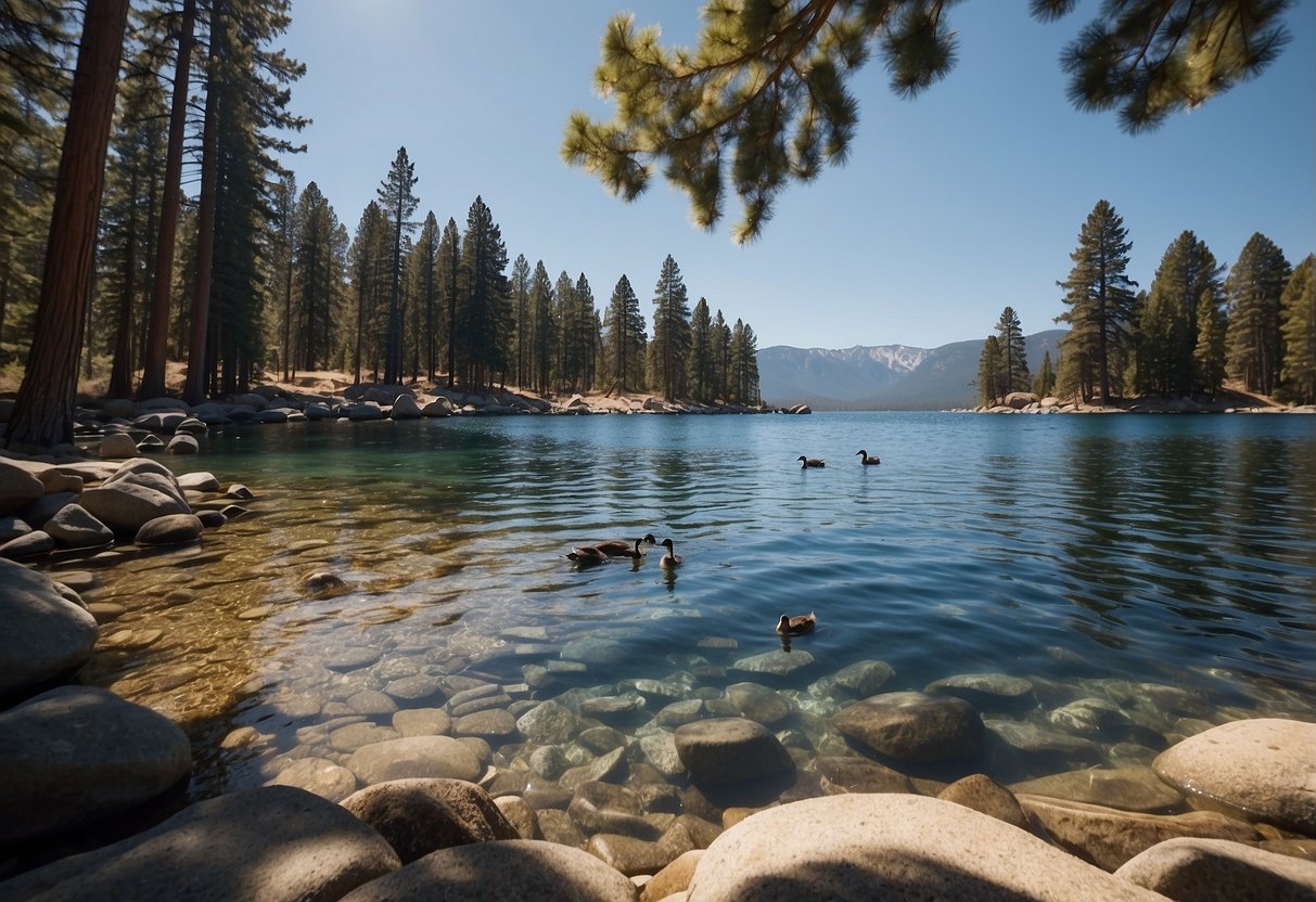 Sunlight glistens on the calm, blue waters of Lake Tahoe. Tall pine trees line the shore, providing shade for picnic-goers. A family of ducks swims peacefully near the edge of the lake