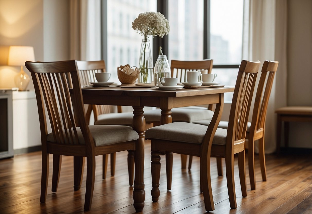 A table and chairs are placed in a well-lit room. Sandpaper, wood cleaner, and a soft cloth are laid out next to the furniture