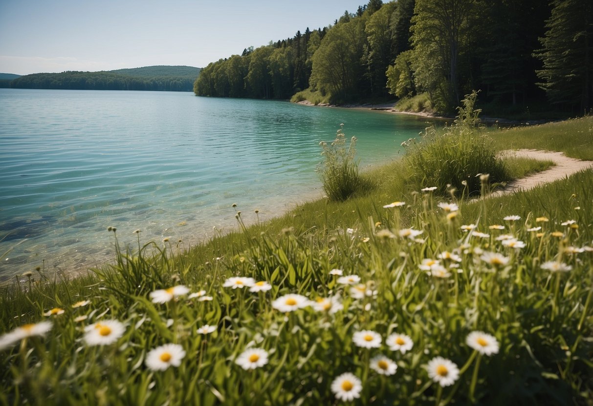 Lush green grassy knolls gently slope down to the crystal-clear waters of Torch Lake, with vibrant wildflowers dotting the landscape. A serene and picturesque setting for a peaceful picnic by the water