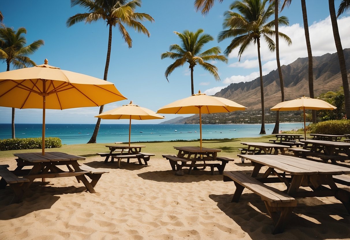 A sandy beach with palm trees and clear blue water. A grassy area with picnic tables and umbrellas near the shore. A view of the ocean and Diamond Head in the distance