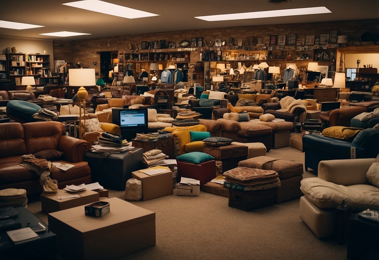 A room filled with assorted furniture stacked haphazardly, with price tags and sale signs scattered around