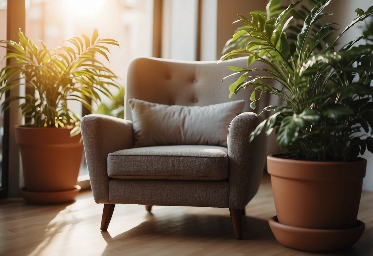 A cozy armchair and a lively potted plant share a sunlit corner, creating a warm and inviting atmosphere