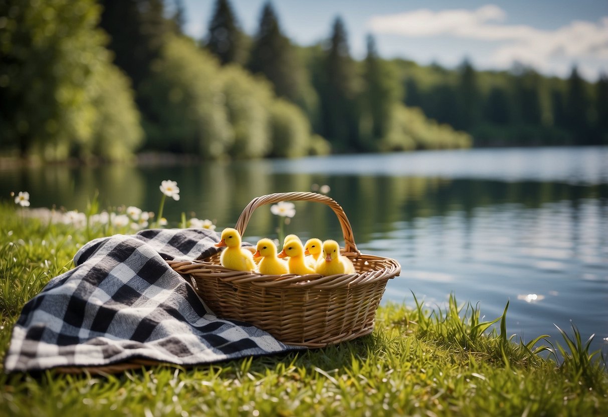 A serene lakeside with a checkered blanket laid out on the grass, a wicker basket filled with delicious food, and a family of ducks swimming in the water nearby