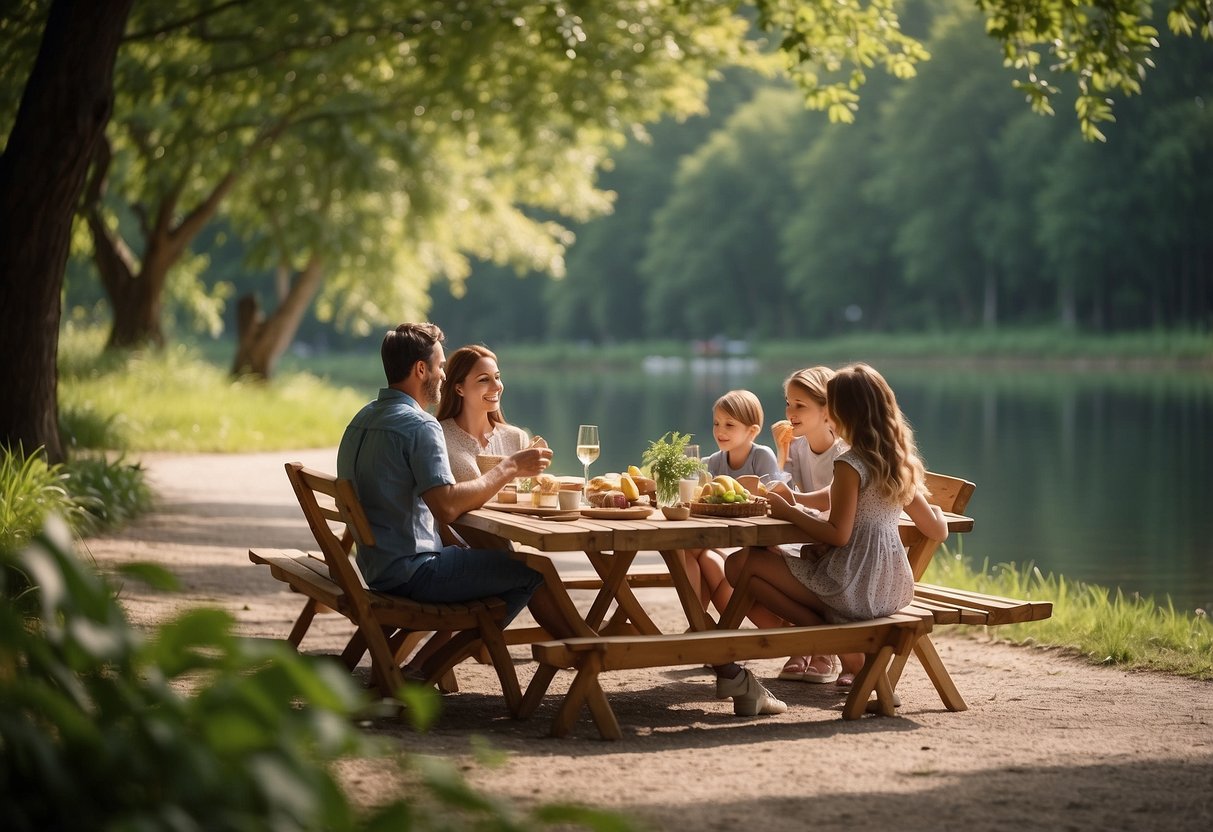 Families enjoy picnics near calm water. Signs display safety tips. Lush greenery surrounds the serene setting