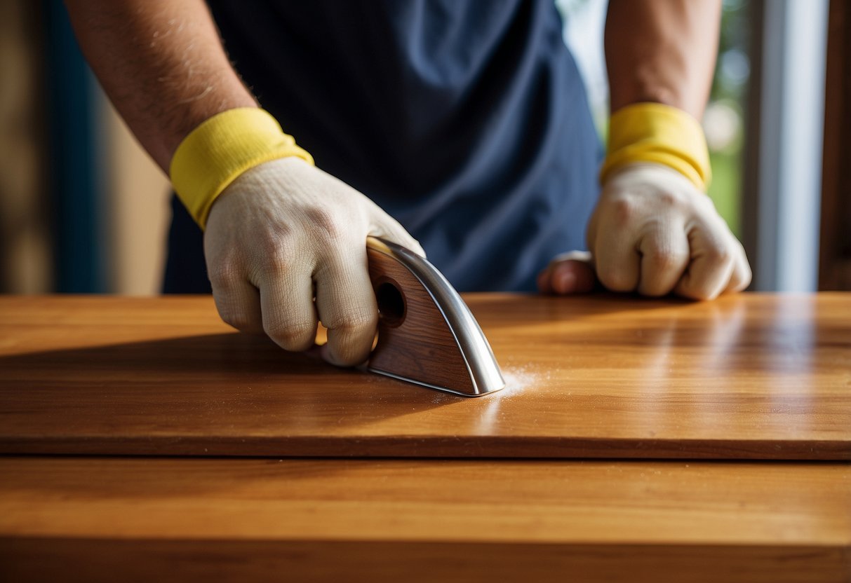 A person applies a protective finish to teak furniture indoors. Sanding, staining, and sealing are part of the restoration process