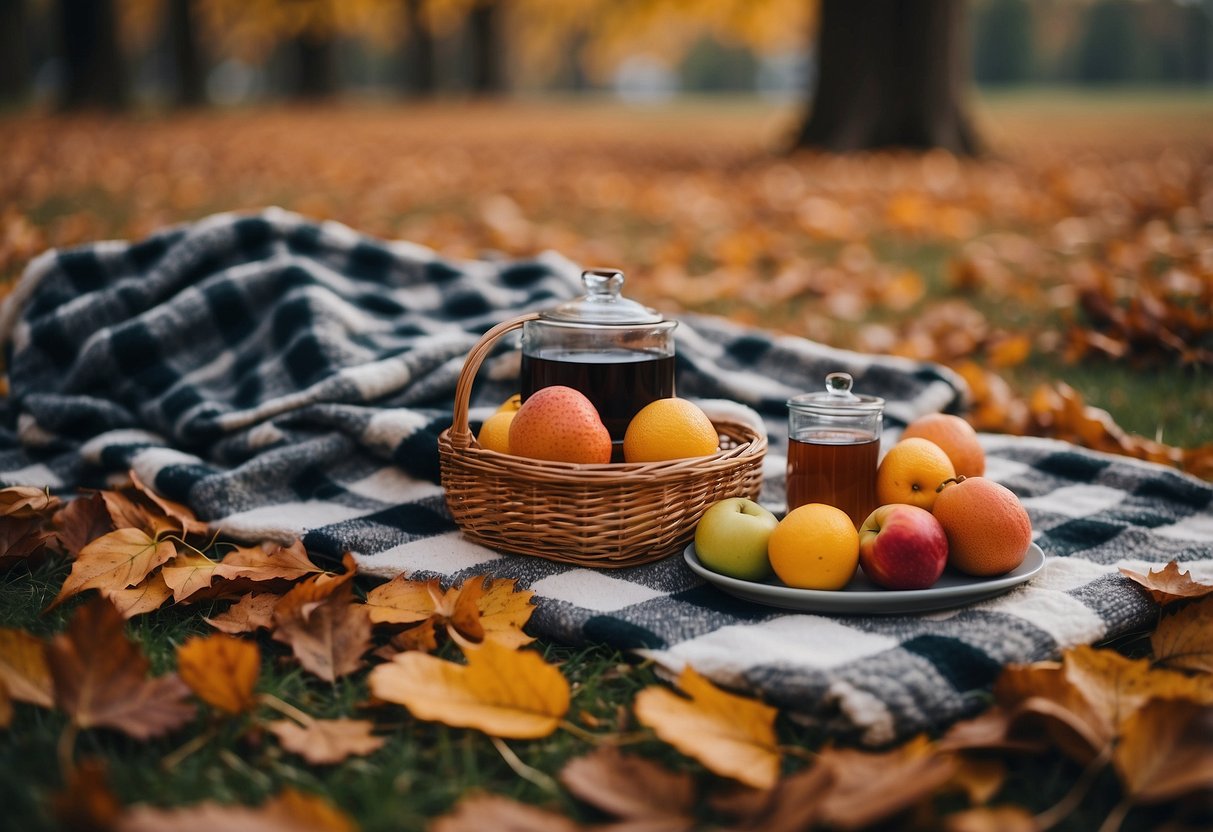 A checkered blanket spread out under a colorful tree with fallen leaves. A wicker basket filled with seasonal fruits, sandwiches, and thermos of hot cider. Nearby, a crackling bonfire and a couple of cozy blankets