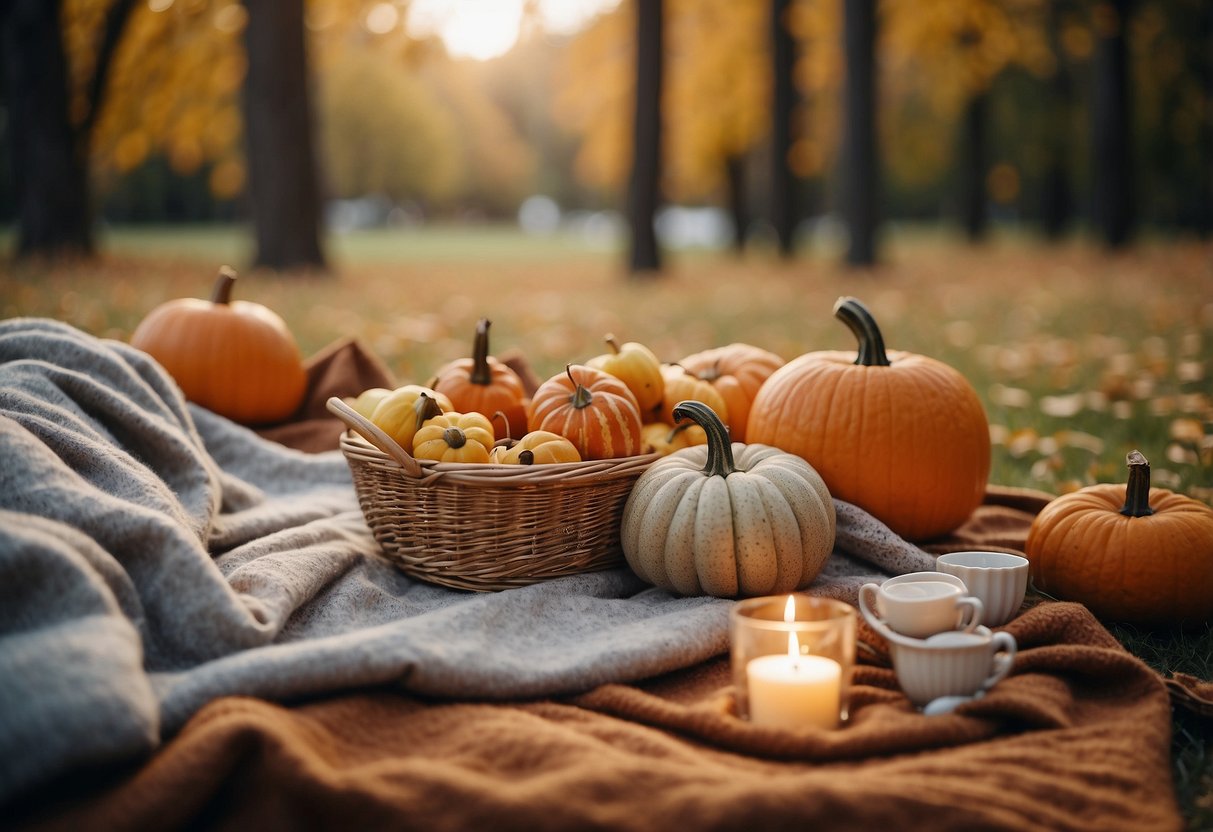 A cozy fall picnic scene with plush blankets, pillows, and 10 picnic ideas laid out for illustration