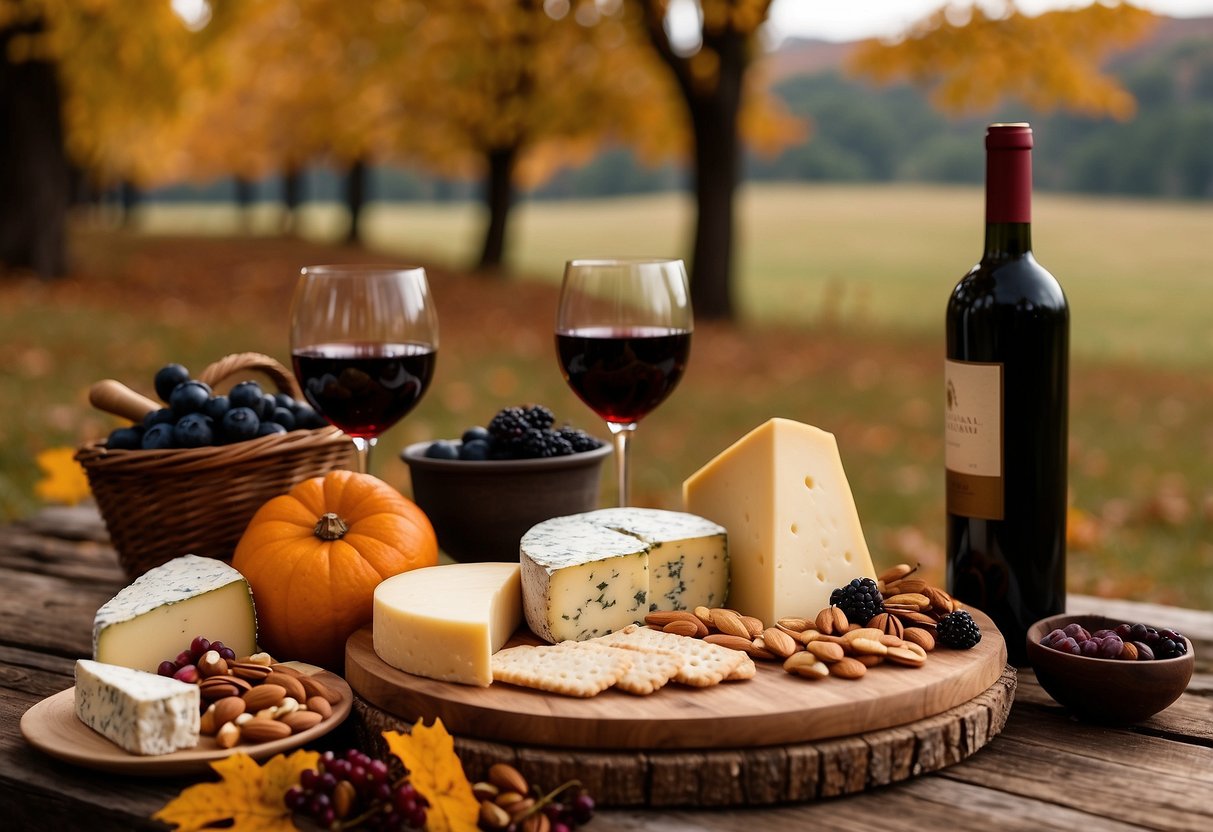 A rustic wooden table is adorned with a variety of artisanal cheeses, crackers, fruits, and nuts. A bottle of wine and some decorative fall foliage complete the cozy picnic scene