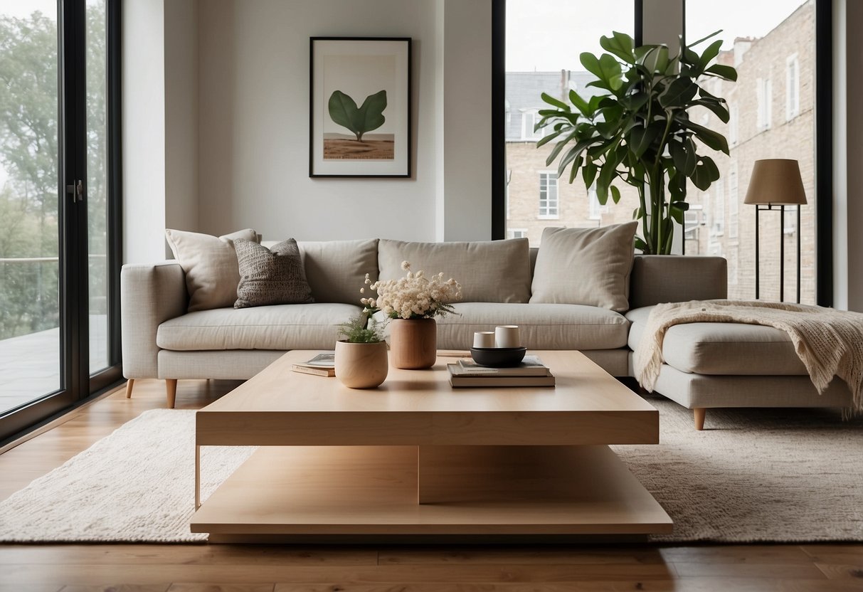 A modern living room with custom plywood furniture, including a sleek coffee table and minimalist bookshelves, bathed in natural light from a large window