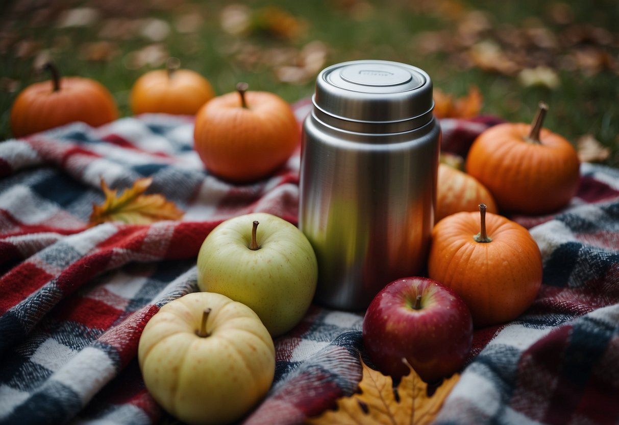 A thermos sits on a checkered blanket, steam rising from hot apple cider. Surrounding it are cozy fall items like scarves, pumpkins, and a basket of apples