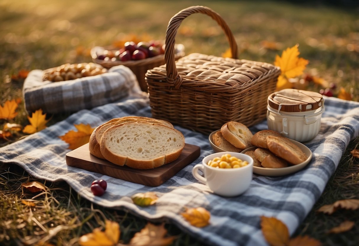 A rustic picnic blanket spread out on the ground, with a wicker basket filled with warm homemade bread and a variety of autumnal snacks. Surrounding the blanket are colorful fallen leaves and the soft glow of the setting sun