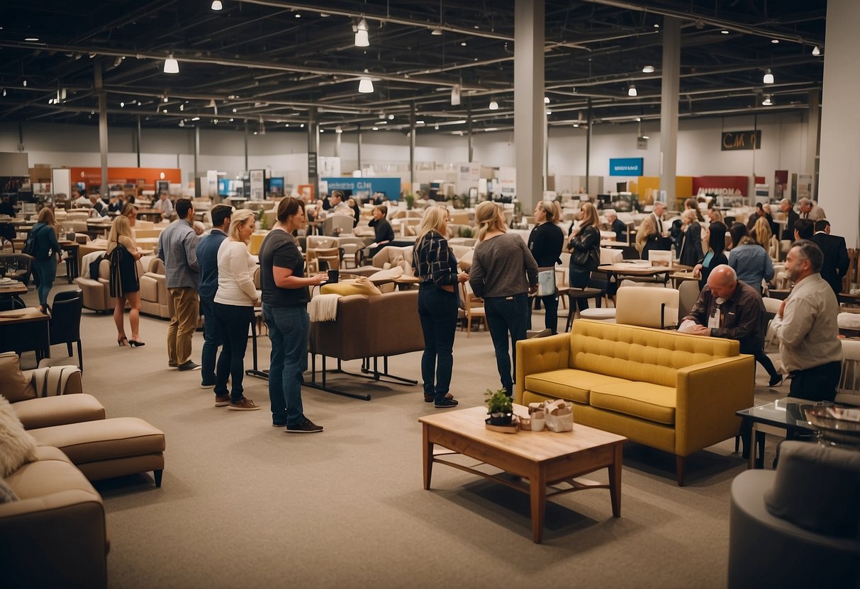 A busy furniture clearance event with customers receiving service and purchasing items. Displayed furniture and price tags are visible