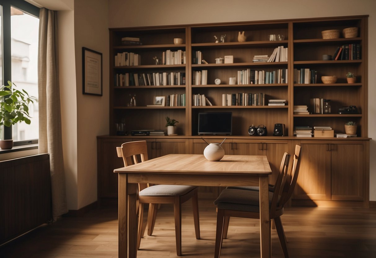 A room with warm-toned wooden furniture, including a table, chairs, and a bookshelf, creating a cozy and inviting atmosphere